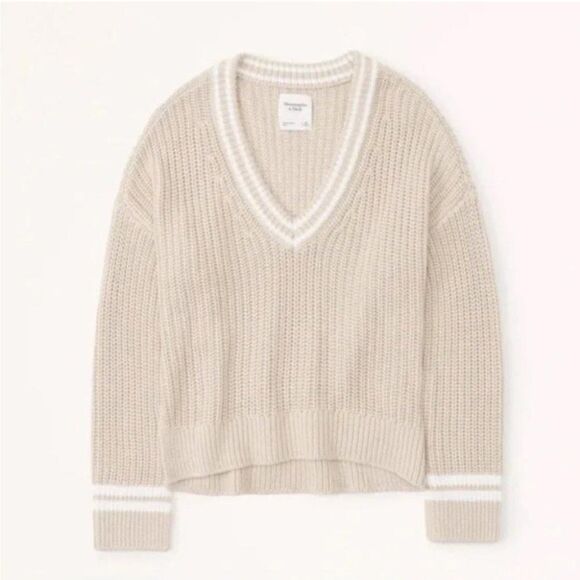 Abercrombie & Fitch Light Brown Tan Easy Tipped V-Neck Sweater Size Large - Picture 1 of 4
